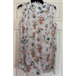 J Jill Love Linen White Floral Button Front Tunic Top Sleeveless Womens M